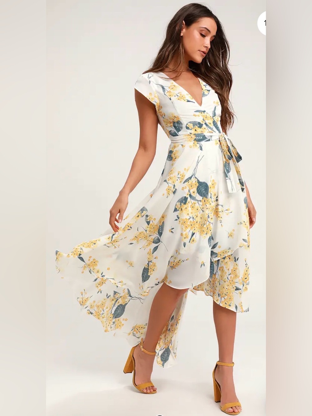 Lulu's White Wrap Dress with Yellow Floral Print